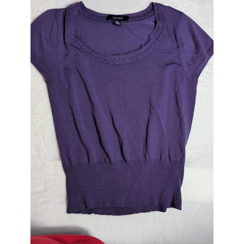 Jones Wear Purple Knit Top XL Y2K Bead Scoop Neck Cap Sleeve Fairy Grunge Layer